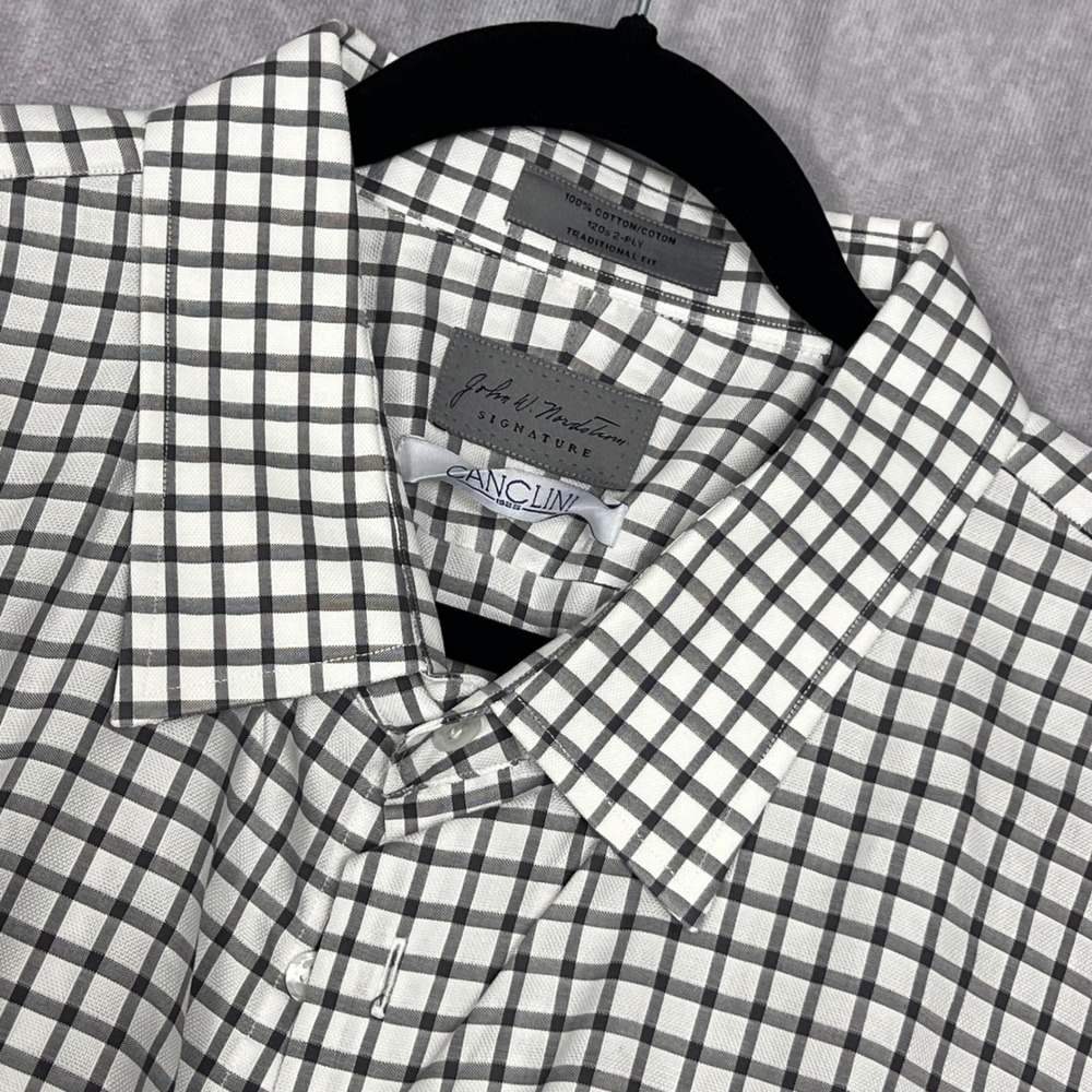 John W. Nordstrom Dress Shirt Mens XL White Black Canclini Cotton Check